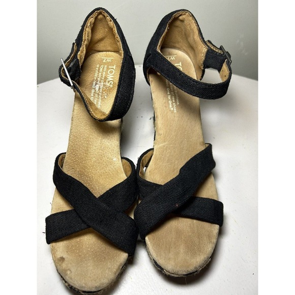 Toms Espadrille black ivory burlap platform wedge sandals Women’s Size 7 - Picture 2 of 7